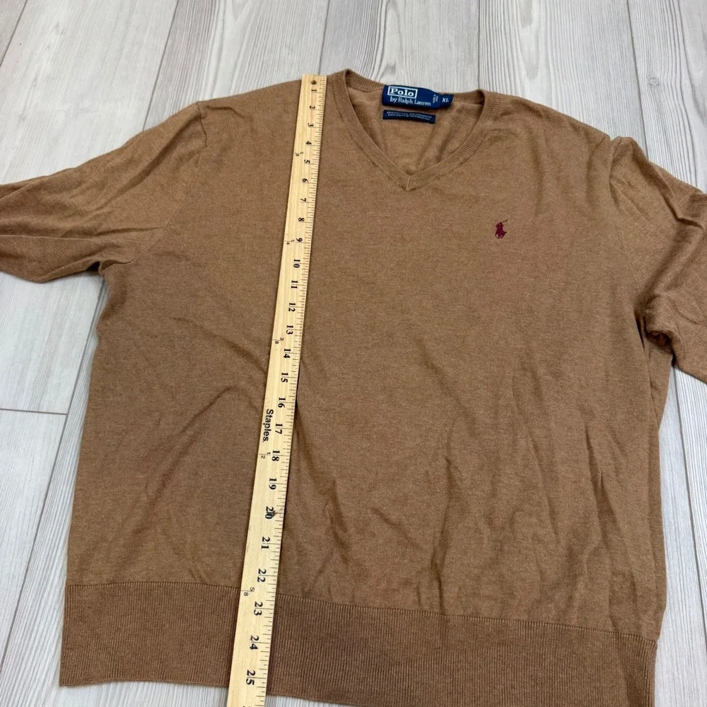 Polo Ralph Lauren Mens XL Brown V-Neck Cotton Cashmere Knit Pony Logo Sweater